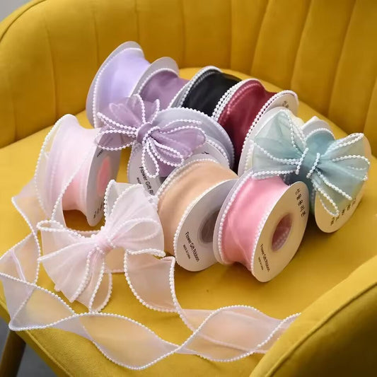 Beautiful Pearl Organza Ribbons 4cm Width Fine Mesh DIY Bowknot Handicraft Bouquet Gift Box Packaging Ribbon